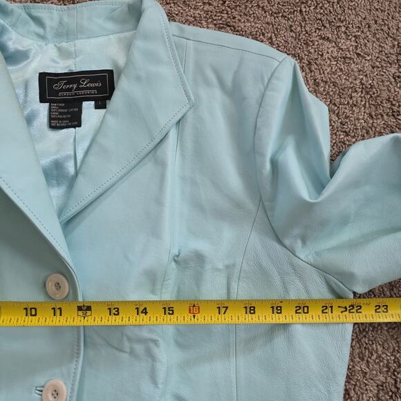 Vintage Baby Blue Leather Jacket Womens L Button Up Moto Y2K 90s Lined Pastel - Picture 10 of 11